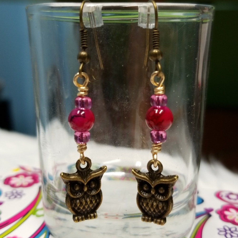 Antique Gold Owl Earrings Hand Designed